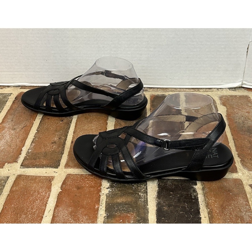 Naturalizer Black Leather Sandals Strappy Low Wedge Heel Women 9 Open Toe - Picture 3 of 5